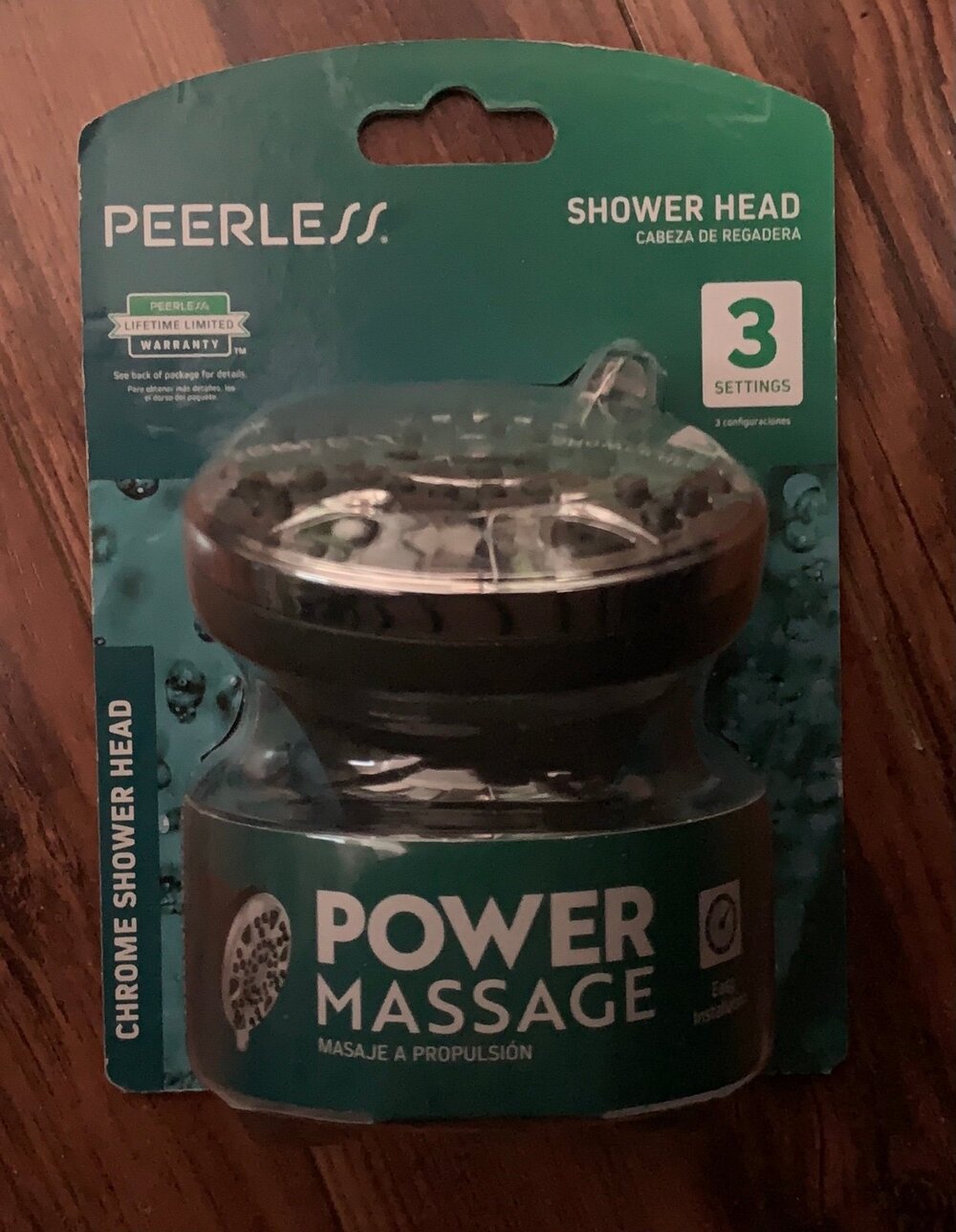 New Sealed Peerless Chrome Shower head Power Massage 3 Settings